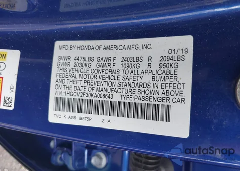 2019 Honda Accord Sport 2.0T из США, поврежденный, VIN 1HGCV2F30KA008643